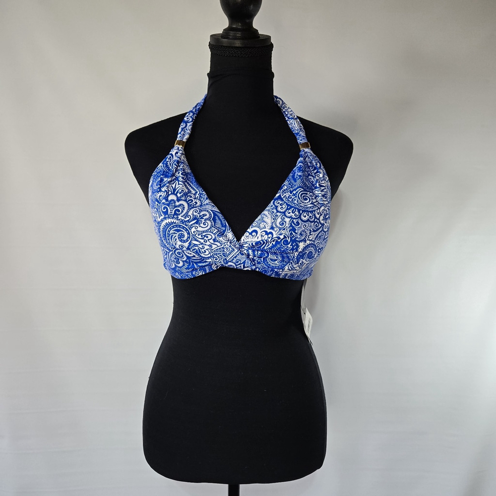 Lauren Ralph Lauren Paisley Bikini Top Blue White Halter Swim Womens 10 NWT